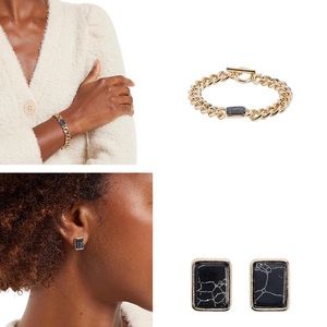 NWT Express 2-Piece Set Marble Stone Bracelet/ Marble Stone Earrings Gold Gray